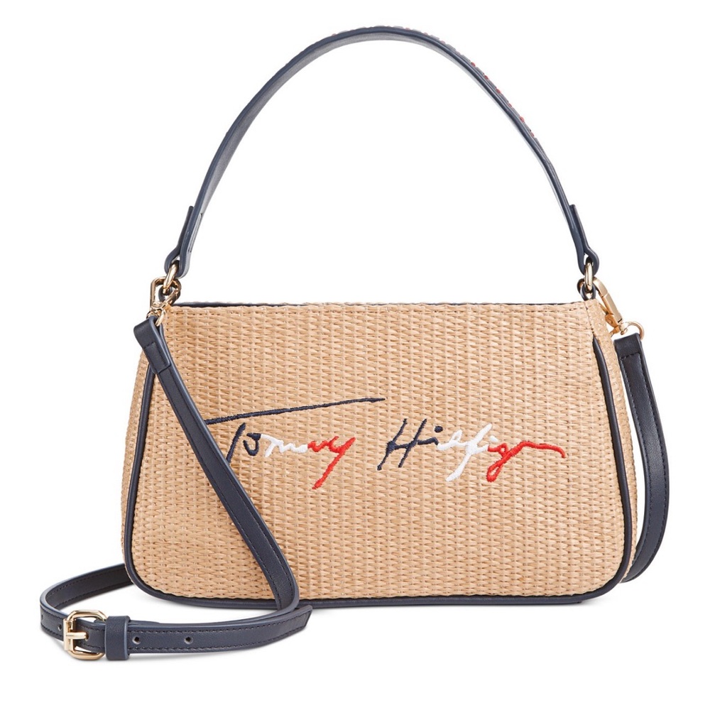 NEW Tommy Hilfiger Handbag Crossbody Weaved Rattan Signature Logo Embroidered